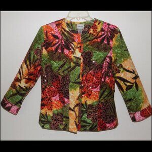 Embellished floral jacket S Chicos 0 Cotton Sequins Beads Black Pink Green